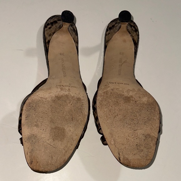 Manolo Blahnik Brown and Animal Print 50mm Strappy Heels - Picture 3 of 5